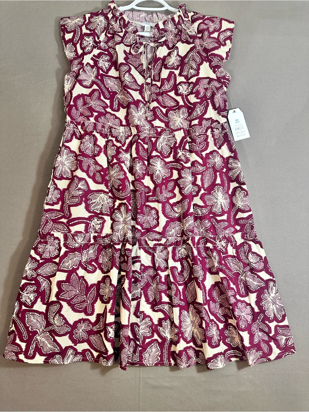 Girls' Floral Ruffle Neck Dress - Burgundy/Cream